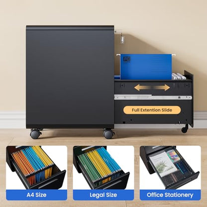 MIIIKO Mobile Filing Cabinet 3 Drawer, Rolling Small File Cabinet with Keys Under Desk, Modern Black Filing Cabinets for Home Office with Anti-tilt Wheels, A4/Letter/Legal Hanging File Drawers - color: Black, size: 3Drawer-23"H