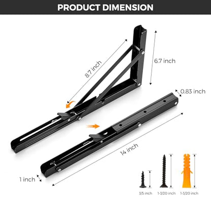 JOY DECOR Matte Black Folding Shelf Brackets, 14 Inch, 2 Pack - size: 14 Inch
