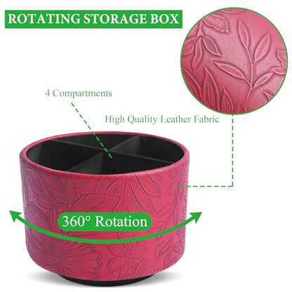 Round Leather Art Supply Organizer,Remote Control Holder,360 Degree Spinning,Multi-Functional Pencil Holder,4 Compartments Desktop Stationary Organizer(1-Carved Red) - color: 1-Carved Red