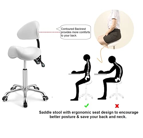 Kaleurrier Saddle Stool with Back Rest,Rolling Saddle Chair for Salon - color: White, style: With Back