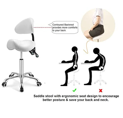 Kaleurrier Saddle Stool with Back Rest,Rolling Saddle Chair for Salon - color: White, style: With Back