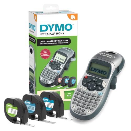 DYMO Label Maker Machine with 3 Tapes - 100H LetraTag Handheld, Includes 3 LT Label Tapes, Perfect for Home & Office Organization - size: machine + 3 Tapes, style: Silver Machine + 3 Tapes