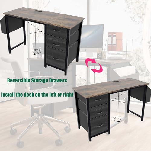 47.3 Inch Home Office Desk with Power Outlet & USB-C, 3 Drawers & Side Pocket, Study Desk with Stable Frame, Reversible Design for Computer Desk, Gaming Table, Vanity Desk (Rustic Brown)