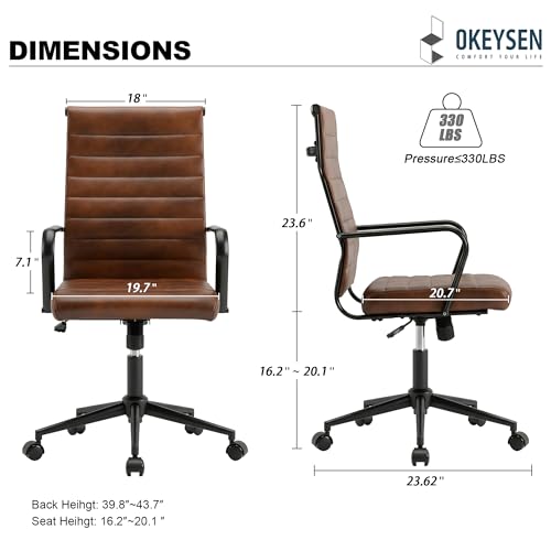Okeysen Genuine Leather Office Desk Chair, Mid-Century Modern Real Leather Conference Room Chairs, Ergonomic Executive Ribbed Height Adjustable Swivel Rolling Chair for Home Office. - color: Genuine Brown