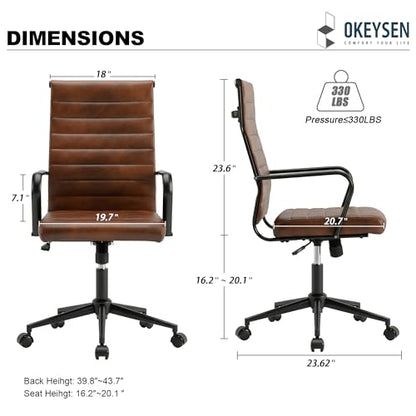 Okeysen Genuine Leather Office Desk Chair, Mid-Century Modern Real Leather Conference Room Chairs, Ergonomic Executive Ribbed Height Adjustable Swivel Rolling Chair for Home Office. - color: Genuine Brown