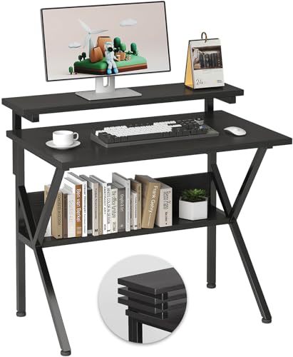 COTUBLR Small Desk, 27.5 Inch Small Computer Desk for Small Spaces, Computer Desk with Adjustable Monitor Stand, Compact Desk with Storage, Tiny Desk Study Desk for Bedroom Home Office, Black - color: Black