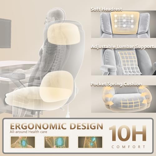 Fabric 600LBS Heavy Duty Office Chair with 5D Flip Arms for Heavy People,Comfy Cloth Big and Tall Desk Chair with Pocket Spring Cushion,High Back Computer Chair with Adjustable Lumbar Support - color: Fabric Grey