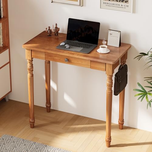 32 Inch Mid Century Modern Desk - Rubber Wood Desk with Drawers, Vintage Narrow Desks with 2 Hooks, Small Writing Desks for Small Spaces, Bedroom, Living Room & Office, Walnut Color - color: A.walnut Mid Century Desk, size: 31.5 in W x 15.7 in D
