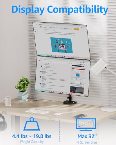 MOUNTUP Vertical Dual Monitor Mount Holds 4.4-17.6lbs, up to 32 Inch Stacked Monitor Mount with Gas Spring Arm with Clamp/Grommet Base, Dual Monitor Stand for Desk, For Home Office, VESA 75x75/100x100 - size: Dual