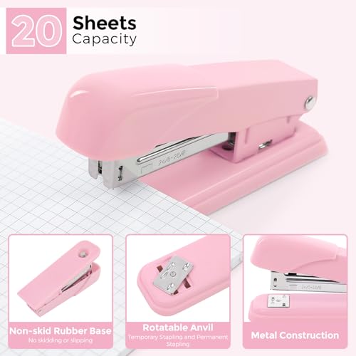 SKYDUE Pink Desk Accessories 11Pcs with Rotating Pen Holder for Desk | Included Stapler with Staples, Staple Remover, Tape Dispenser,2pcs Tape Refills, Binder Paper Clips Kit, Scissor, 2pcs Pens - color: Pink