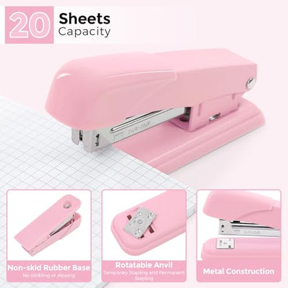 SKYDUE Pink Desk Accessories 11Pcs with Rotating Pen Holder for Desk | Included Stapler with Staples, Staple Remover, Tape Dispenser,2pcs Tape Refills, Binder Paper Clips Kit, Scissor, 2pcs Pens - color: Pink
