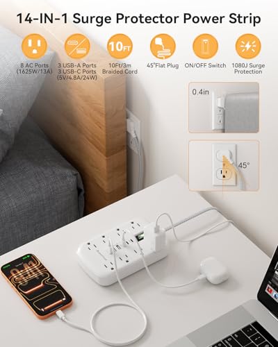 10FT Extension Cord with 6 USB(3 USB C) 8 Outlets, Flat Plug Power Strip - size: 10 FT-White-Three Prong