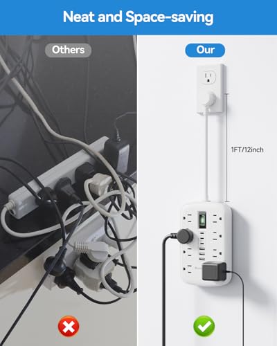 Short Extension Cord 1 FT with 6 USB(3 USB C) 8 Outlets, Flat Power Strip - size: 1 FT-White-Three Prong