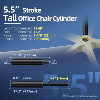 11 Inches-17 Inches Office Chair Gas Lift Cylinder Replacement, Tall Chair Cylinder 5.5" Stroke, Hydraulic Pneumatic Shock Piston, Heavy Duty 1000lbs, Fit for Most Office Chairs, BIFMA/Class 4 (Black) - color: Matte Black, size: 5.5'' Travel Length