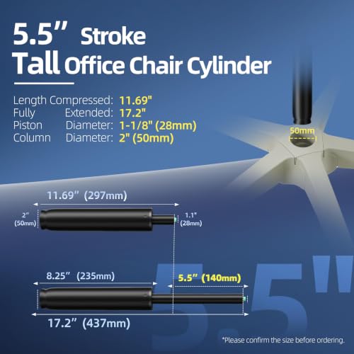 11 Inches-17 Inches Office Chair Gas Lift Cylinder Replacement, Tall Chair Cylinder 5.5" Stroke, Hydraulic Pneumatic Shock Piston, Heavy Duty 1000lbs, Fit for Most Office Chairs, BIFMA/Class 4 (Black) - color: Matte Black, size: 5.5'' Travel Length