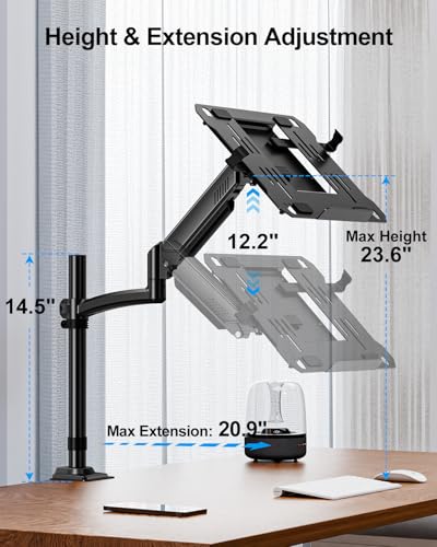 MOUNTUP Laptop Desk Mount, Adjustable Laptop Stand for max 17" Notebook or 32" Monitor, Laptops Arm Mount for Desk Holds 4.4-22lbs, Tall Laptops Stand with Clamp/Grommet - size: Single-With Pole