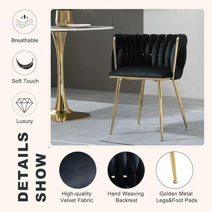 NIOIIKIT Modern Velvet Dining Chairs Hand Weaving Accent Chairs Living Room Chairs Upholstered Side Chair with Golden Metal Legs for Dining Room Kitchen Vanity Living Room (Black) - color: Black
