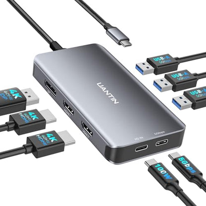 UANTIN Laptop Docking Station 3 Monitors, 8-in-1 USB C Dock with 2 HDMI, DP | USB C Docking Station Dual Monitor with 4K@60Hz HDMI, DisplayPort, USB A & C, 100W PD, USB C Hub Dongle for Dell,HP,Lenovo - size: 11.8inch