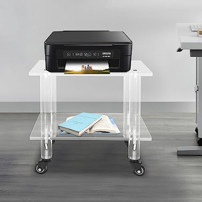 2-Tier Clear Office Rolling Cart Mobile Printer Stand Under Desk Printer Cart Storage Rack, for Storing Printers, Copy Paper, Faxes, Books, Etc