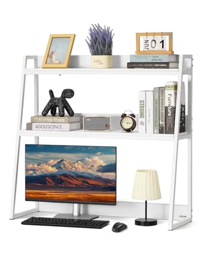 VEVOR Desktop Bookshelf, 2-Tier Desktop Storage Organizer, 37.4" x 12.6" x 35.4" Office Desk Storage Rack Display Shelf, Desktop Bookshelf Hutch with Anti-Slip Feet Pads for Office, Home & Dorm, White - color: White, size: 2 Shelves