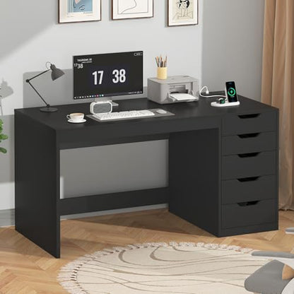 47 Inch Small Computer Desk with 5 Drawers and Outlets for Home Office - color: Black, size: 47inch-5drawers