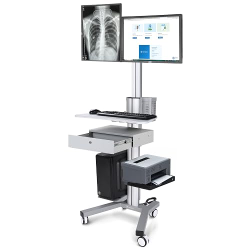 Yescom NexusX Commander Mobile Computer Cart Dual Monitor Mount w/Drawer | Silver - color: Silver, size: 2 Monitor with Drawer-28"