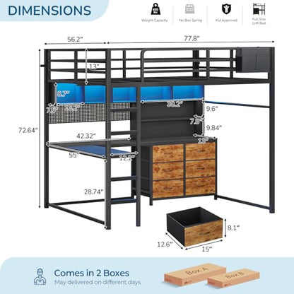 Full‑Size Black Metal Loft Bed with L‑Shaped Desk, LED & Charging Station - color: Black