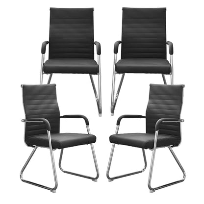 Okeysen Office Guest Chairs Set of 4, Modern Leather Reception Chairs with Mid Back & Sled Base, No-Wheel Desk Chairs for Waiting Room & Conference Room - color: Black Leather/Silver Frame, size: Set of 4