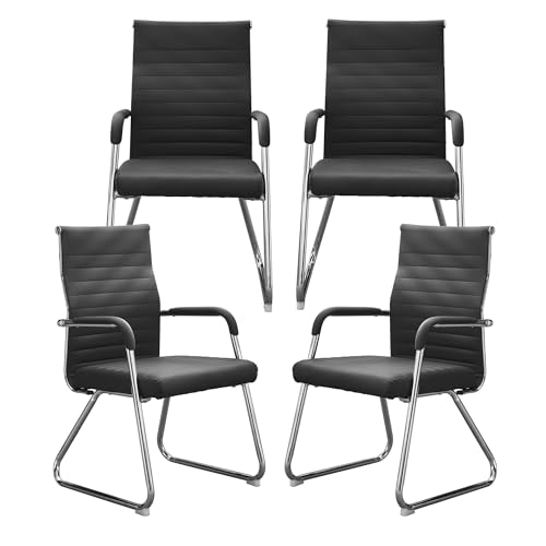 Okeysen Office Guest Chairs Set of 4, Modern Leather Reception Chairs with Mid Back & Sled Base, No-Wheel Desk Chairs for Waiting Room & Conference Room - color: Black Leather/Silver Frame, size: Set of 4