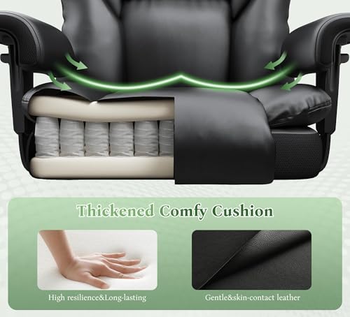 DurayLoly Big and Tall Office Chair with Footrest, 400 lbs Weight Capacity | 135° Rocking Motion, Ergonomic Lumbar Support, PU Leather for All-Day Home Office Comfort, Black - color: Black