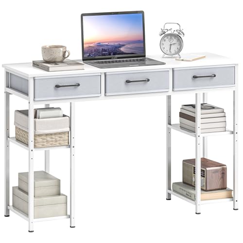 HOMCOM 47" Computer Desk with 3 Fabric Drawers Home Office White