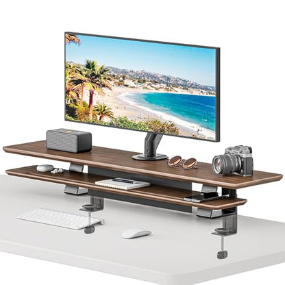 Dual Clamp-On Wooden Monitor Stand, 41.7" 2-Tier Desk Riser Organizer | Monitor Stands Riser for 2 Monitors，Magnetic Back Panel,Fit Computer & Laptops,for Home Office