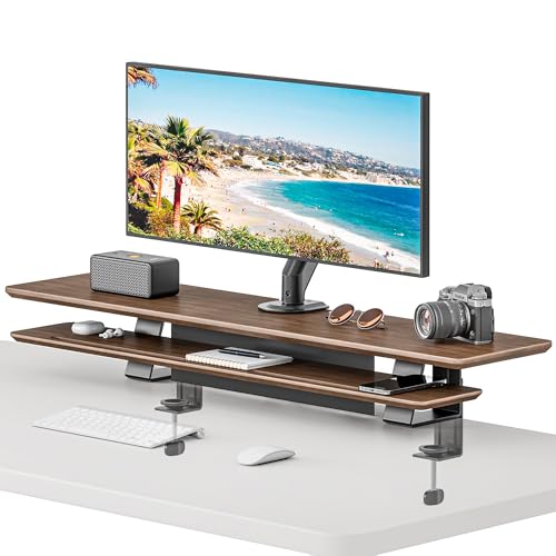 Dual Clamp-On Wooden Monitor Stand, 41.7" 2-Tier Desk Riser Organizer | Monitor Stands Riser for 2 Monitors，Magnetic Back Panel,Fit Computer & Laptops,for Home Office
