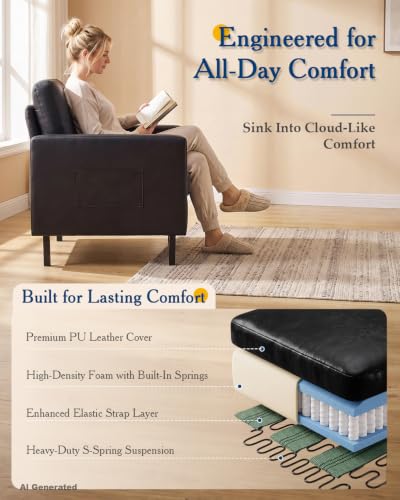 Mid Century Black Leather Mordern Accent Arm Chairs for Living Room | AODAILIHB Cloud Small Sofa With 2 Side Pockets Thick Cushion, Comfy Couch with Metal Leg for Office/Waiting Room/Bedroom/Dorm - size: 1 chair