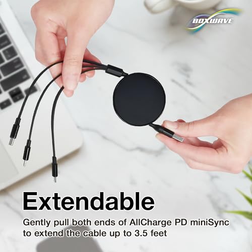 BoxWave Cable Compatible with Logitech Spotlight Presentation Remote - AllCharge PD miniSync (100W), Retractable High-Speed Charging Portable USB Cable - Jet Black