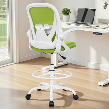 Primy Drafting Chair Tall Office Chair with Flip-up Armrests Executive Ergonomic Computer Standing Desk Chair with Lumbar Support and Adjustable Footrest Ring (Green) - color: Green, size: 934-Z