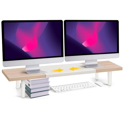 Across-Star Dual-Monitor-Stand-Riser-For-Desk Adjustable Length 32-40 Inch，Large Desktop Computer Monitor Riser For 2 Screens，Desk Shelf Organizer Riser Stand For Computer/Laptop/PC/Printer/TV Black - color: Maple, size: 32-40‘’ L*9.25‘’D*4.72‘’H