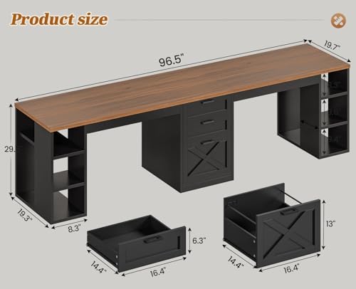 SEDETA Farmhouse 96.5" 2 Person Home Office Desk with Drawers | Gaming Desk with Storage, Double Computer Desk with Storage Drawers, Long Two Person Writing Desk, Black - color: Black