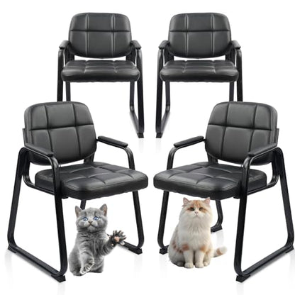 CLATINA Waiting Room Guest Chair, Leather Stationary Office Reception Chairs No Wheel, Comfy Padded Arms and Seld Base, for Conference Room Lobby Home Computer Desk Bedroom Elderly, Black 4 Pack - color: Inky, size: 4 Pack