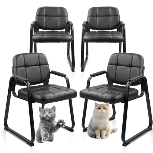 CLATINA Waiting Room Guest Chair, Leather Stationary Office Reception Chairs No Wheel, Comfy Padded Arms and Seld Base, for Conference Room Lobby Home Computer Desk Bedroom Elderly, Black 4 Pack - color: Inky, size: 4 Pack
