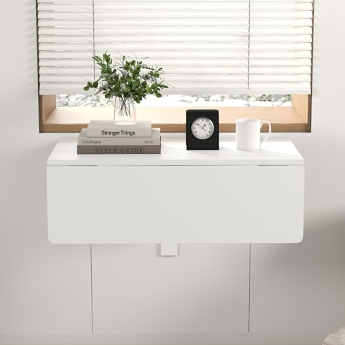 Wall Mounted Folding Table, 31.5" x 23.5" Floating Desk for Small Space, Countertop Extension Fold Down, Laundry Folding Table, Hanging Drop Leaf Table for Apartment, Study, Bedroom (White) - color: White
