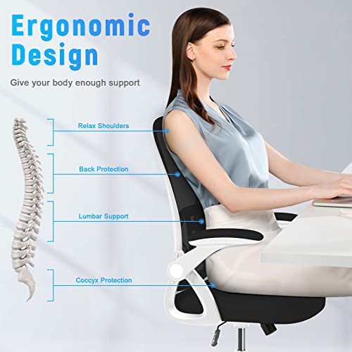 naspaluro Home Office Desk Chair Mid Back with Adjustable Height WhiteFrame | Comfy Ergonomic Chair with Flip-Up Arm and Lumbar Support, Breathable Mesh Swivel Computer Chair for Study Working Teacher - color: Bright White