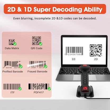 Symcode 2D Industrial Barcode Scanner with Stand 433 Wireless 1968 Feet Transmission Distance USB QR Automatic Barcode Reader Handhold Hands-Free Bar Code Scanner with Charging Base Red