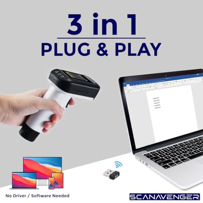 ScanAvenger Wireless Portable 1D with Stand Bluetooth Barcode Scanner: Hand Scanner 3-in-1, Cordless, Rechargeable Scan Gun for Inventory (1D&2D with LCD Display and Upgraded Next Gen Stand) - style: 1D&2D with LCD Display and Upgraded Next Gen Stand