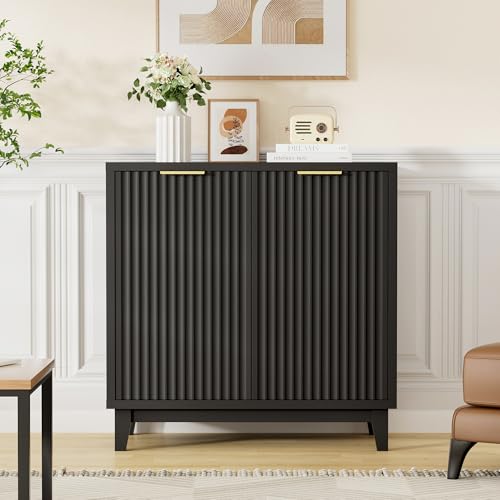 Fluted Cabinet with Storage, Mid Century Modern 2 Doors Sideboard Buffet | Accent Cabinet with Adjustable Shelves, Multifunctional Console Table with Storage for Living Room, Kitchen, Entryway, Black - color: Black, size: 2 Doors - 15.7"D x 31.5"W x 31.5"