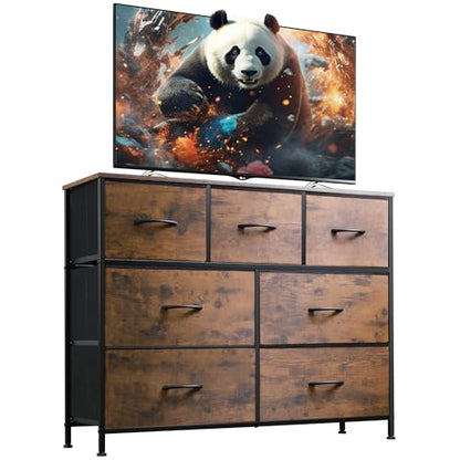 WLIVE 7 Drawer Dresser TV Stand, Entertainment Center, Media Console Table with Metal Frame and Wood Top for TV up to 45 inch, Chest of Drawers for Bedroom, Living Room, Rustic Brown Wood Grain Print - color: Rustic Brown Wood Grain Print