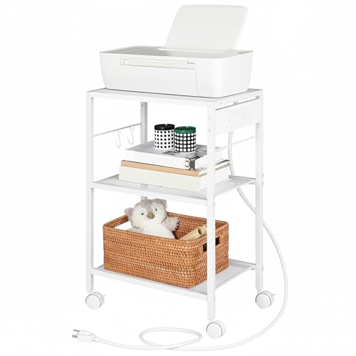 HOOBRO Industrial Printer Stand, 3-Tier Mobile Printer Table, Rolling Cart with Power Outlets and USB Ports, Home Printer Stand with 2 Hooks, for Office, Living Room, White WW22UPS01 - color: White