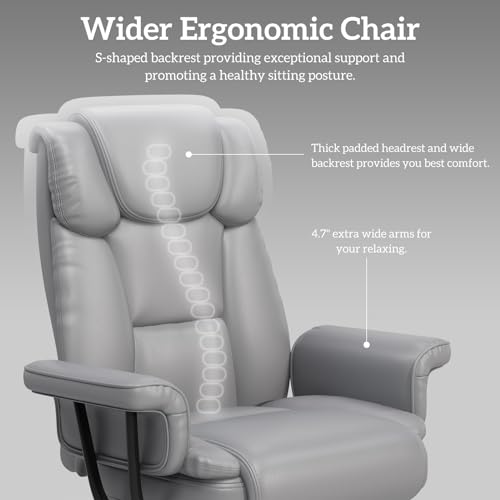 GYI 160 Reclining Office Chair with Footrest, Big & Tall Desk Chair, Grey | Cross Legged Seat, High Back, Faux Leather, Heavy Duty Base, Adjustable Height, for Home, Executive - color: Grey