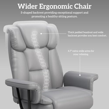 GYI 160 Reclining Office Chair with Footrest, Big & Tall Desk Chair, Grey | Cross Legged Seat, High Back, Faux Leather, Heavy Duty Base, Adjustable Height, for Home, Executive - color: Grey