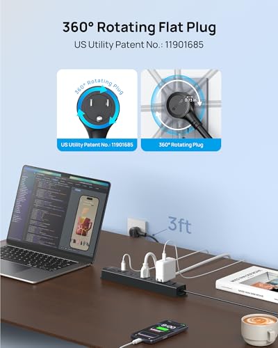 TROND Wall Mount Surge Protector Power Strip with 360 Rotating Plug, 3 ft - color: Black, size: 3FT Rotating Plug